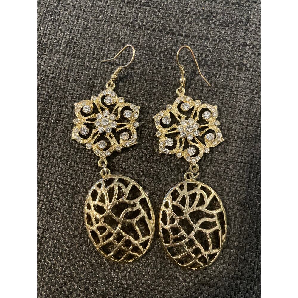 Sparkly Gold Tone Dangle Earrings | Rhinestone Statement Earrings - Picture 3 of 3